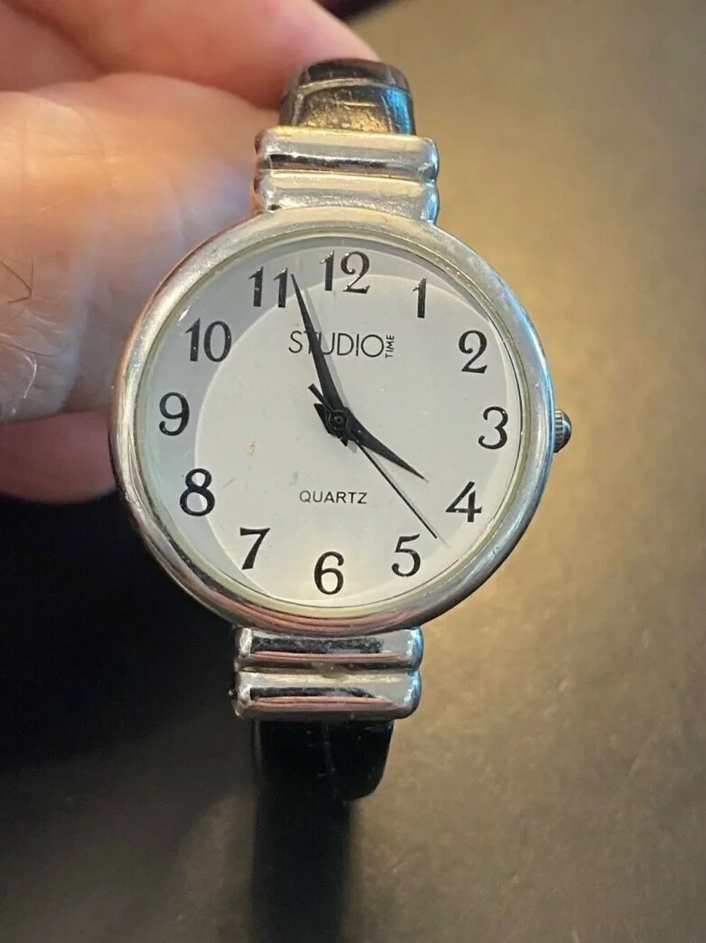 Women's 30mm Silver Tone Bangle Bracet Watch by Studio Time, Black Wrtapped Band